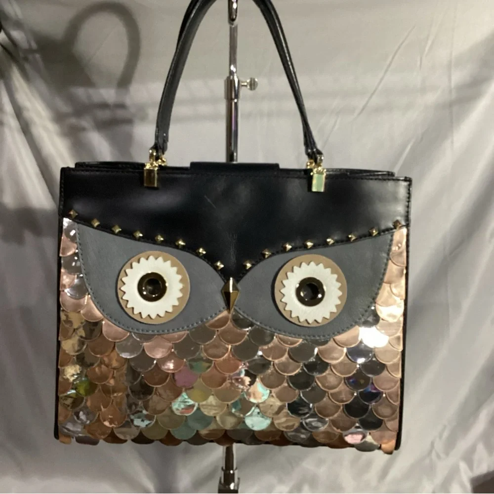 Kate Spade Wise Quinn Metallic Owl Leather Tote Shoulder Bag Ultra Rare